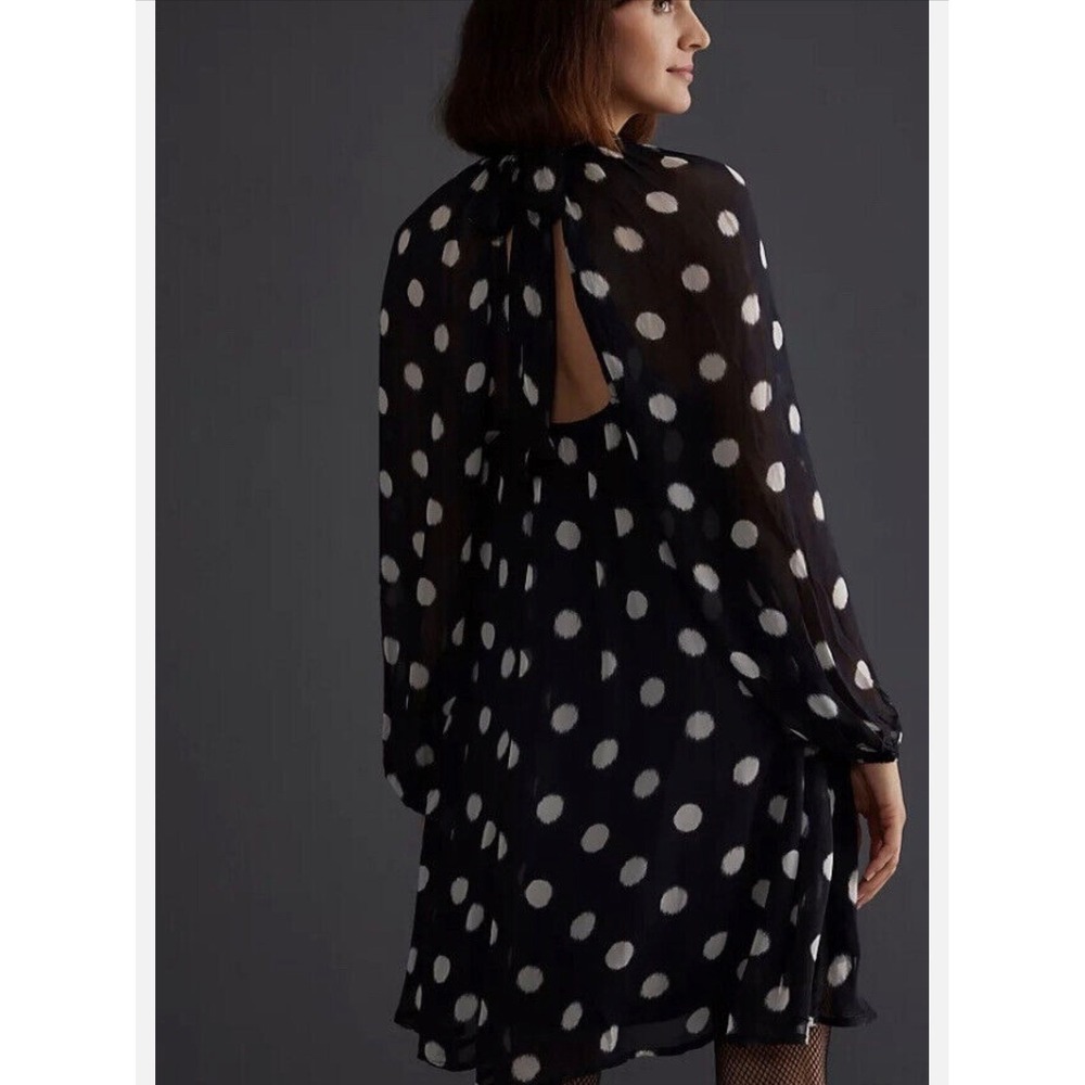 Maeve Anthropologie Polka Dot Long Sleeve Open Back Tie Mini Dres Black White XS